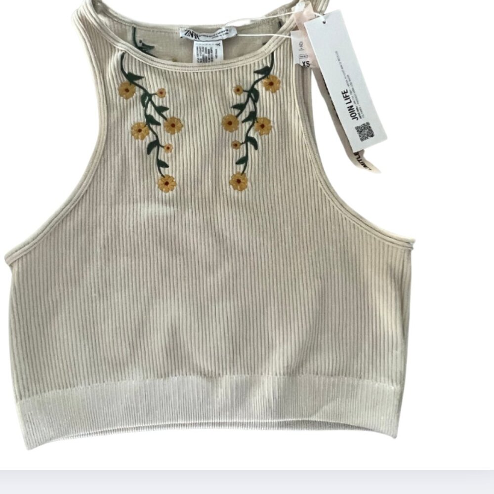 Zara Seamless Embroidered Sunflowers Crop Top - XS-S | NWT
